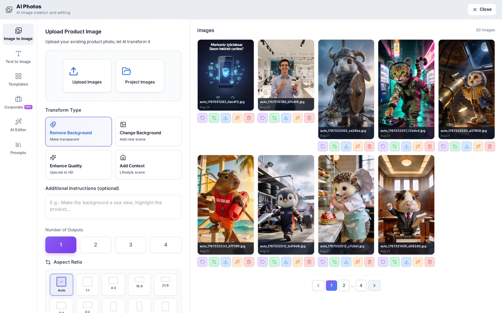 Upload, pick the transform, compare before and after.