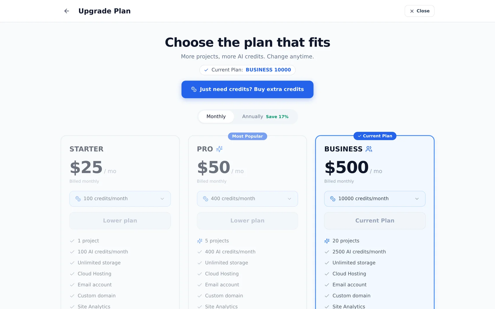Plans, credit tiers and one-time top-ups.