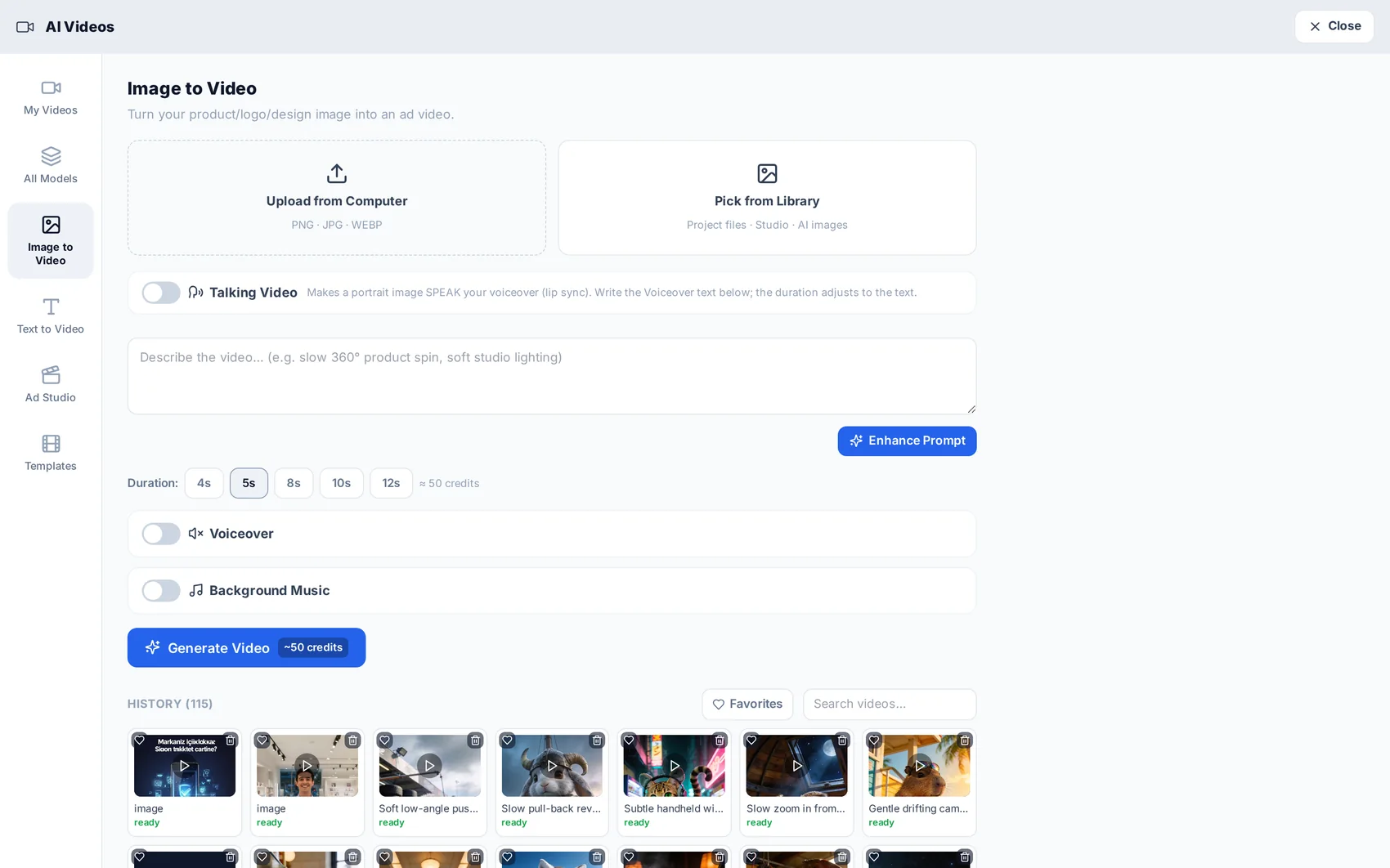AI Videos screen